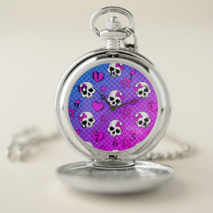 White and pink skull and hearts pattern pocket watch