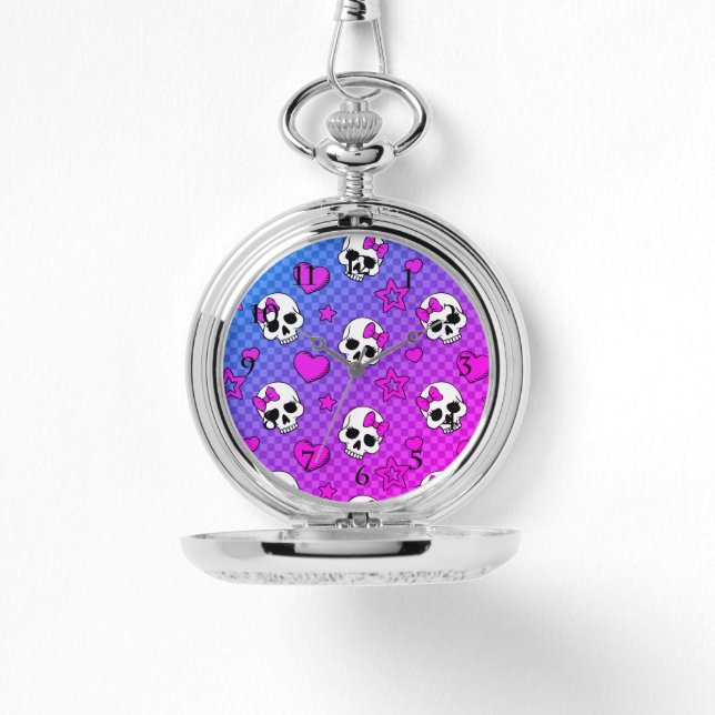 White and pink skull and hearts pattern watch (Front)
