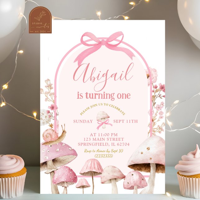White and Pink Snail and Mushroom Forest Birthday Invitation (Creator Uploaded)
