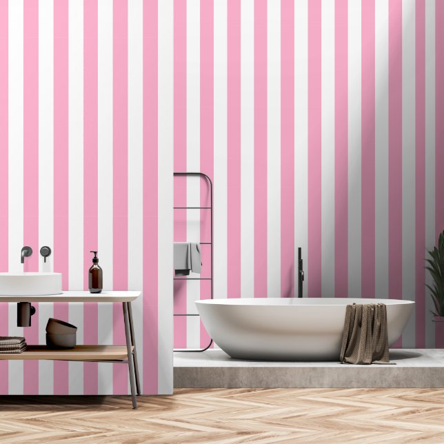 White and pink striped classic peel and stick wallpaper  (Bathroom)