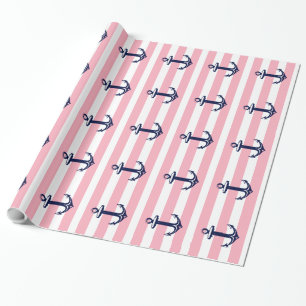 White And Pink Stripes Blue Nautical Anchor Wrapping Paper