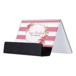 White And Pink Stripes Pattern Desk Business Card Holder