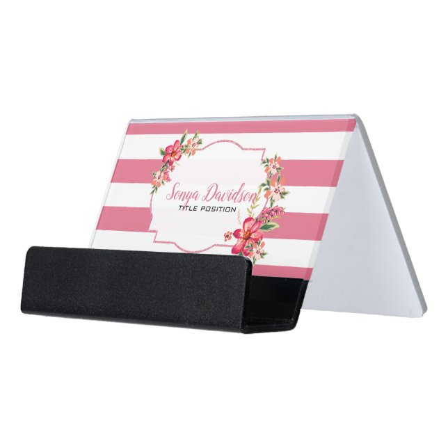 White And Pink Stripes Pattern Desk Business Card Holder (Angled Front)