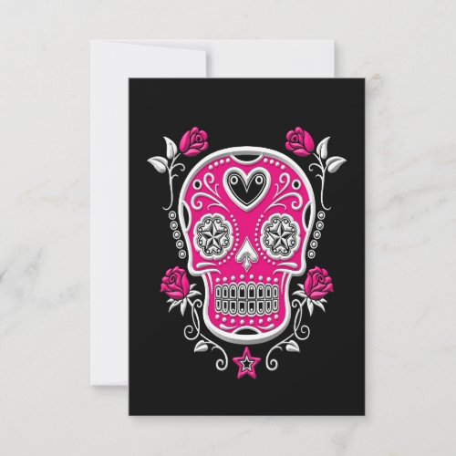 White and Pink Sugar Skull with Roses on Black Invitation