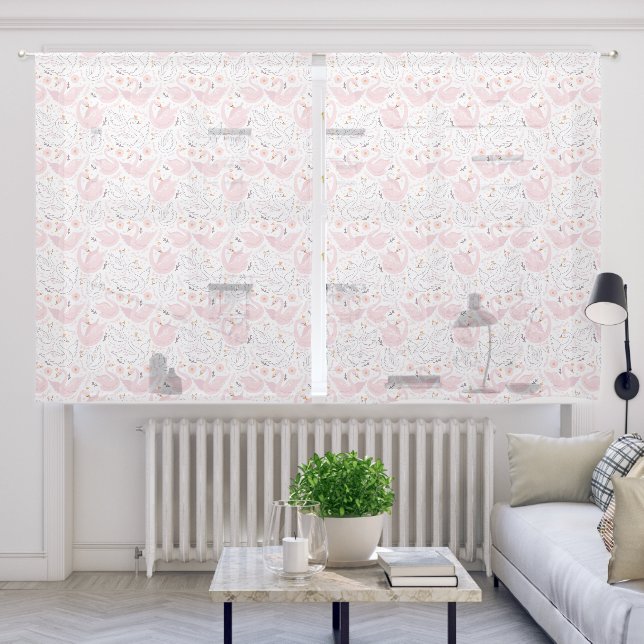 White and Pink Swans On White Sheer Curtains (Living Room)