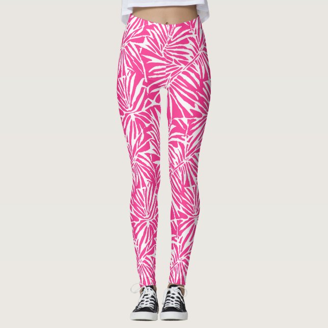 White And Pink Tropical Leaf Repeating Pattern Leggings (Front)