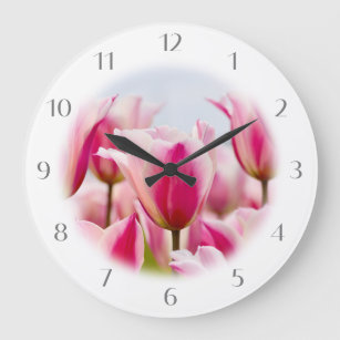 White and pink tulips   large clock