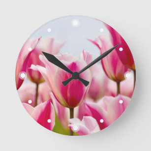 White and pink tulips   round clock