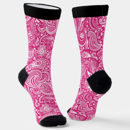White and pink vintage floral paisley pattern socks