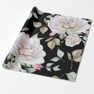 White and Pink Watercolor Roses Black Background Wrapping Paper