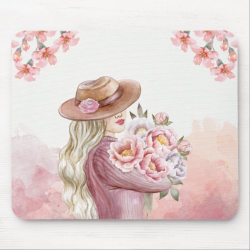 white and pink watercolor Vintage Lady Floral beau Mouse Pad