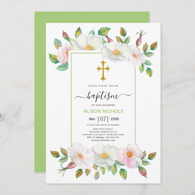 White and pink wild dog roses green floral Baptism Invitation (Front/Back)