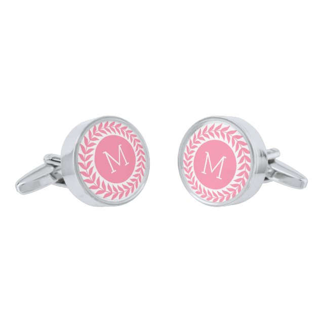 White And Pink Wreath Custom Monogram Silver Cufflinks (Angled)