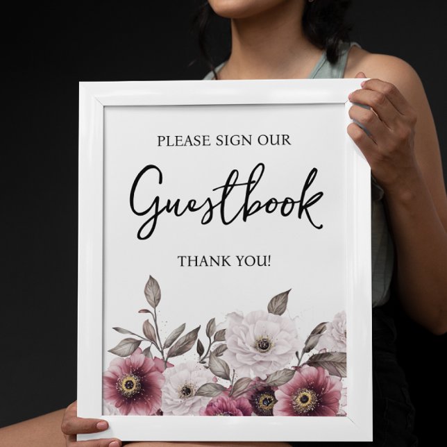 White and Plum Floral Guestbook Baby Shower Sign (Creator Uploaded)