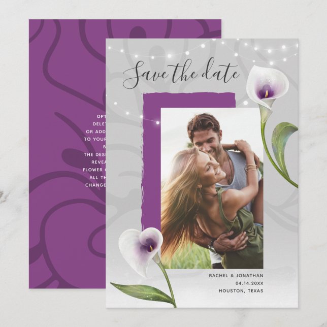 White and Purple Calla Lily Wedding Save the Date Announcement (Front/Back)