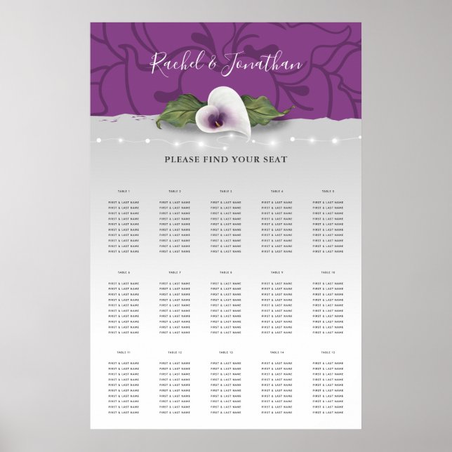 White and Purple Calla Lily Wedding Seating Charts (Front)