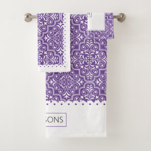 White and purple damask pattern scalloped borders bath towel set