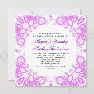 white and purple damask rehearsal dinner invites