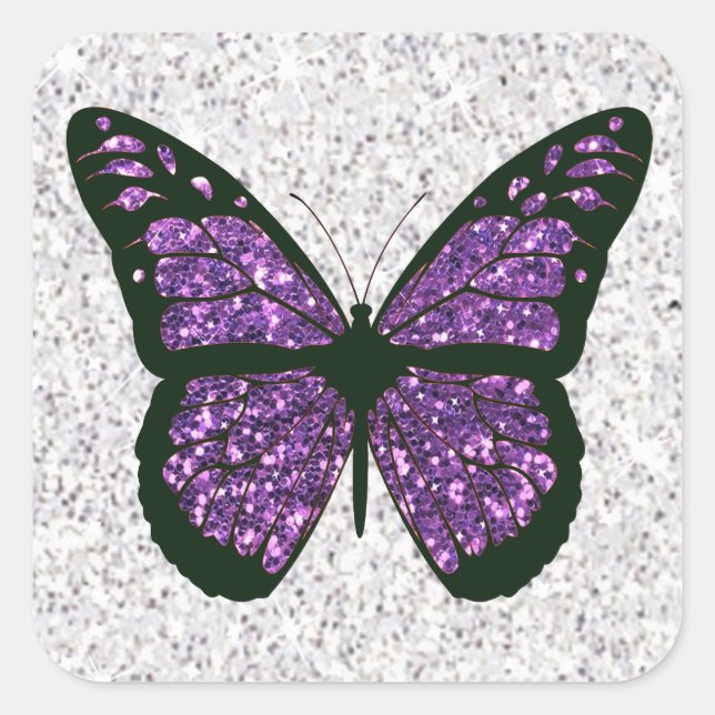 White and Purple Faux Glittery Butterfly Square Sticker (Front)