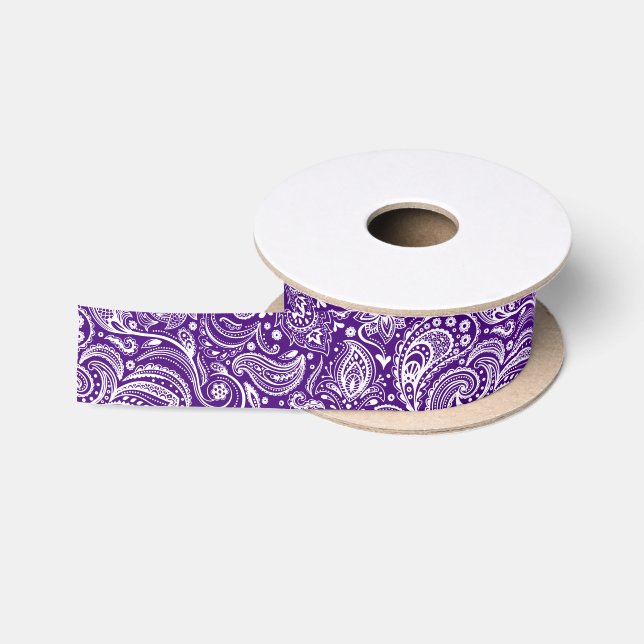 White and Purple Floral Paisley Satin Ribbon (Spool)