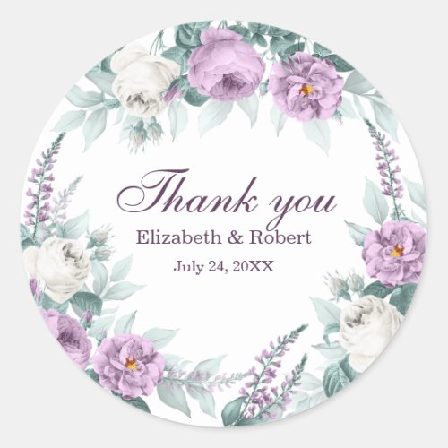 White and Purple Flower Wedding Thank You Sticker