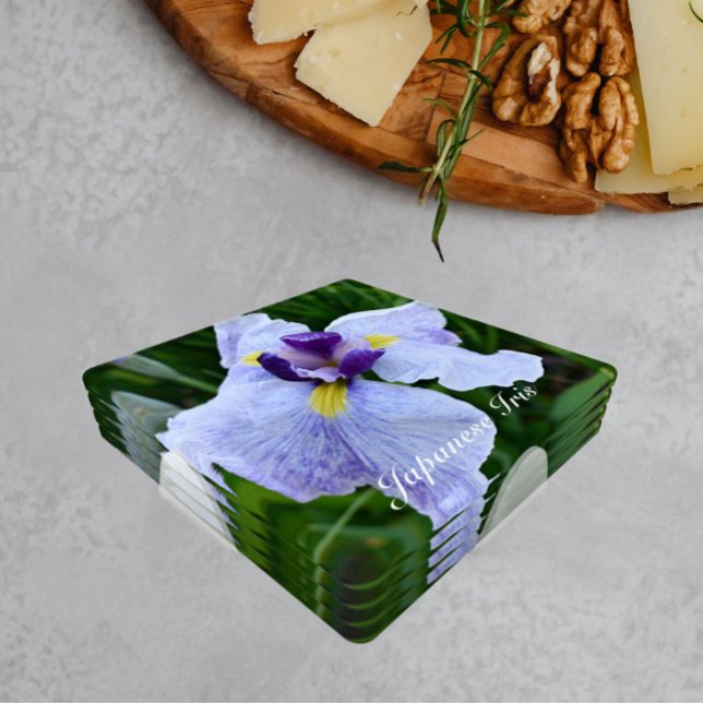 White and Purple Japanese Iris Bloom Floral Coaster Set (In Situ Set)