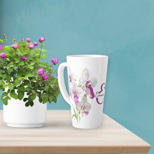 White and Purple Orchid Flowers Monogram Latte Mug