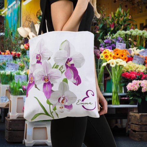 White and Purple Orchid Flowers Monogram Tote Bag