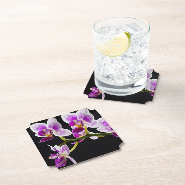 White and purple orchid paper coaster (Insitu)