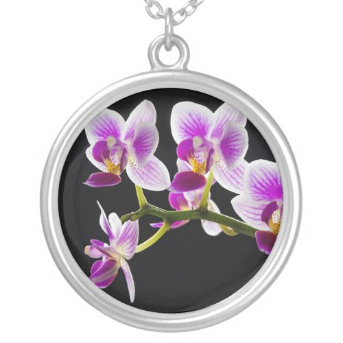 White and purple orchid silver plated necklace