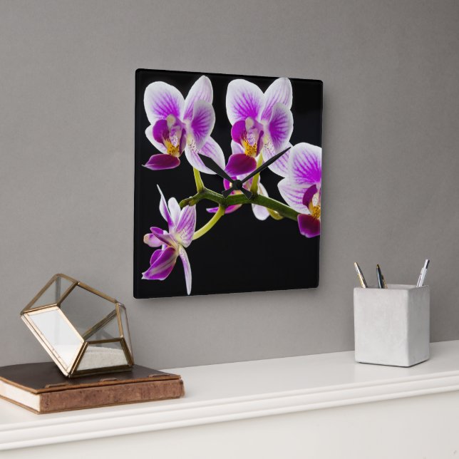 White and purple orchid square wall clock (Office)