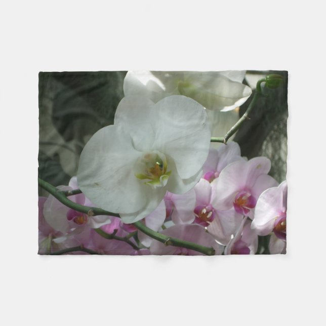 White and Purple Orchids Fleece Blanket (Front (Horizontal))