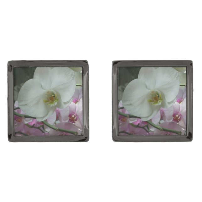 White and Purple Orchids Gunmetal Finish Cufflinks (Front)