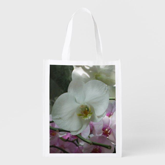 White and Purple Orchids Reusable Grocery Bag (Front)