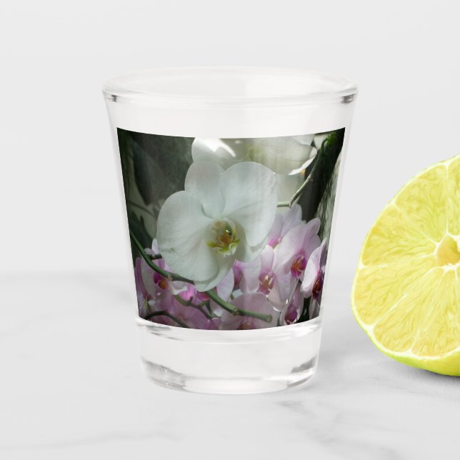 White and Purple Orchids Shot Glass (Front)