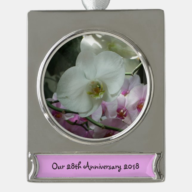 White and Purple Orchids Silver Plated Banner Ornament (Front)