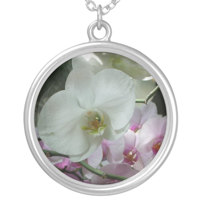 White and Purple Orchids Silver Plated Necklace (Front)