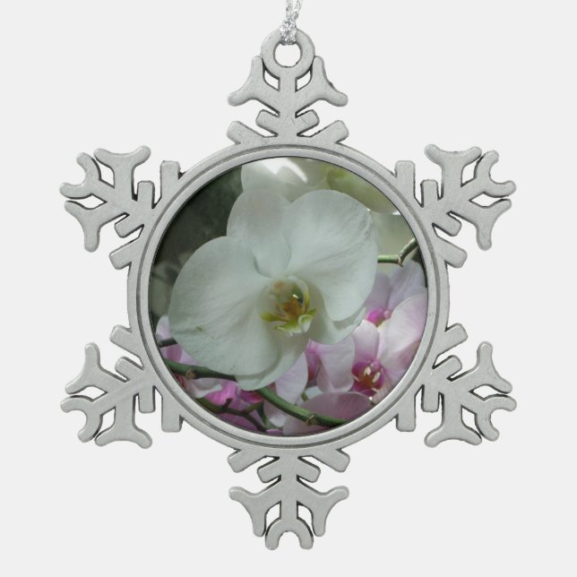 White and Purple Orchids Snowflake Pewter Christmas Ornament (Front)