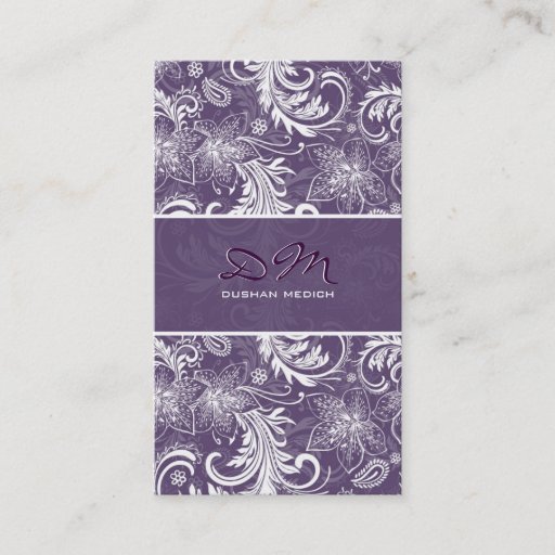 Customizable White And Purple Retro Floral Pattern Template Business Card