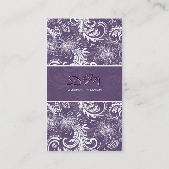 White And Purple Retro Floral Pattern Template Business Card (Front)