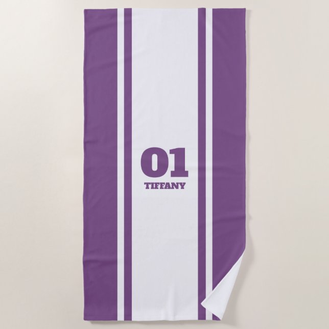 White and Purple Sports Stripe Name & Number Beach Towel (Front)