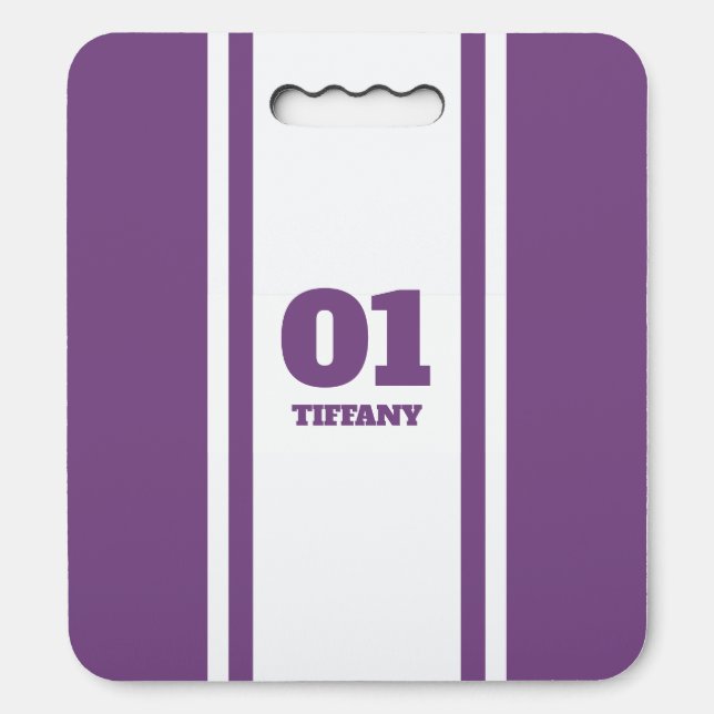White and Purple Sports Stripe Name & Number Seat Cushion (Front Vertical)