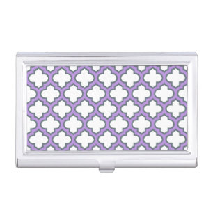 White and Purple Trellis, Lattice, Quatrefoil Business Card Case