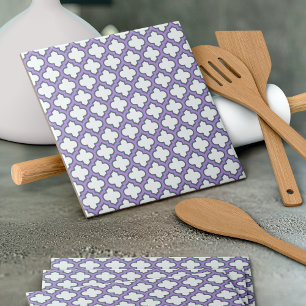 White and Purple Trellis, Lattice, Quatrefoil Ceramic Tile