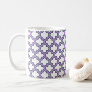 White and Purple Trellis, Lattice, Quatrefoil Coffee Mug