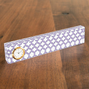 White and Purple Trellis, Lattice, Quatrefoil Desk Name Plate