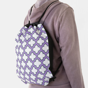 White and Purple Trellis, Lattice, Quatrefoil Drawstring Bag