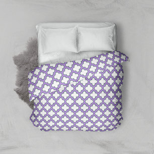 White and Purple Trellis, Lattice, Quatrefoil Duvet Cover