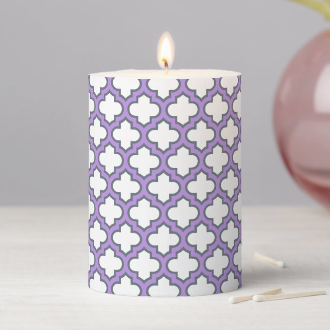 White and Purple Trellis, Lattice, Quatrefoil Pillar Candle (In Situ)