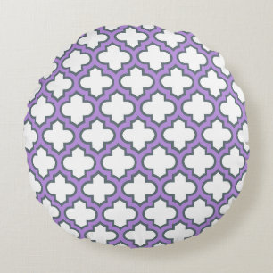 White and Purple Trellis, Lattice, Quatrefoil Round Pillow